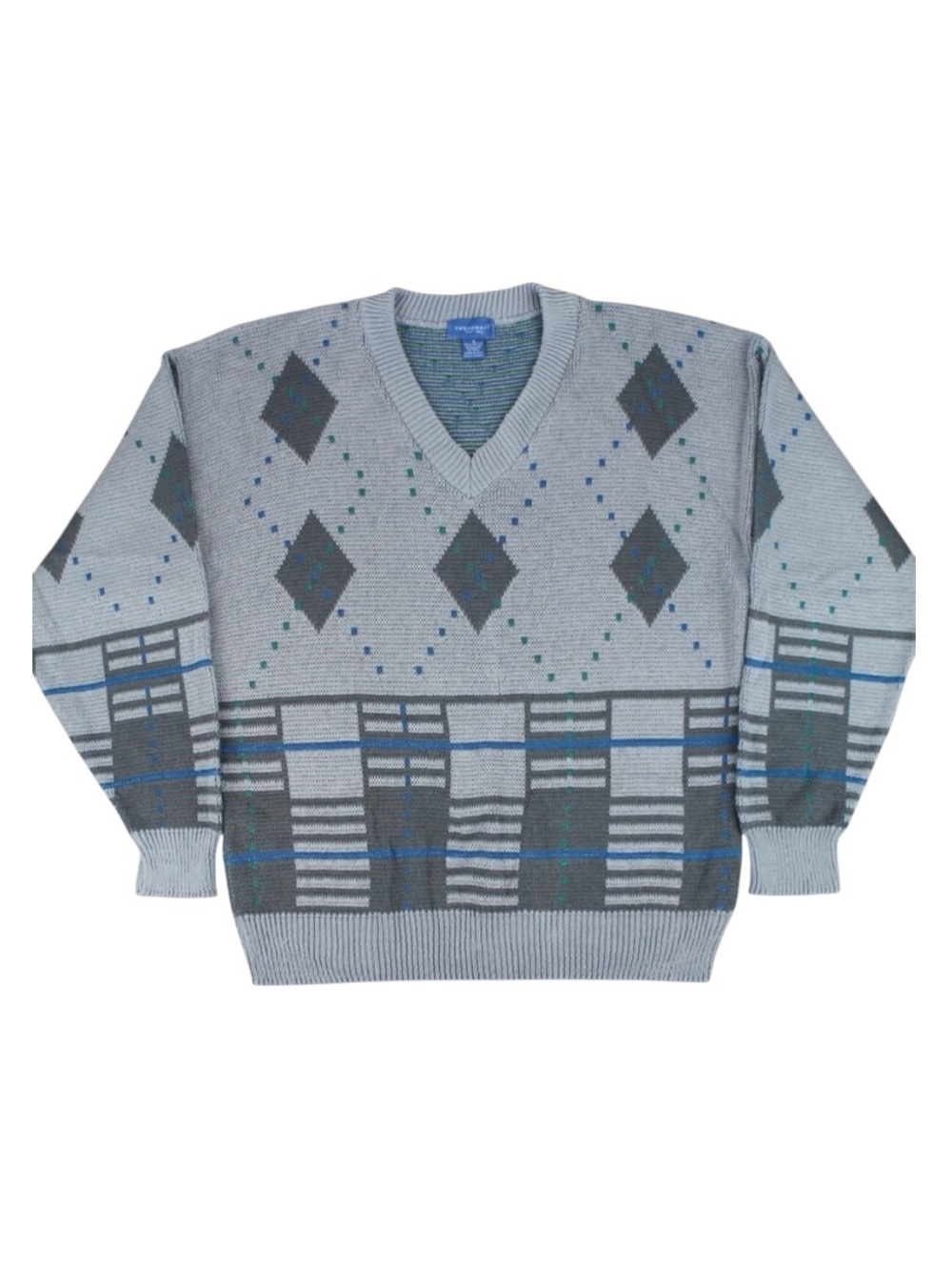 Vintage Towncraft Men's Large Gray‎ Argyle V-Neck Knit Sweater Preppy Retro